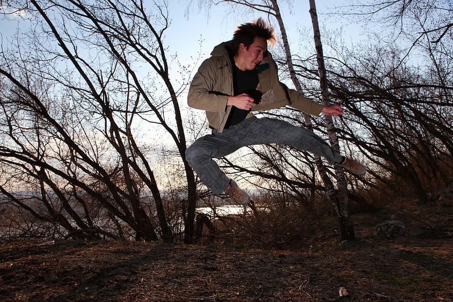 man, jumping, karate, woods, airborn, person, guy, fast, tree, one person