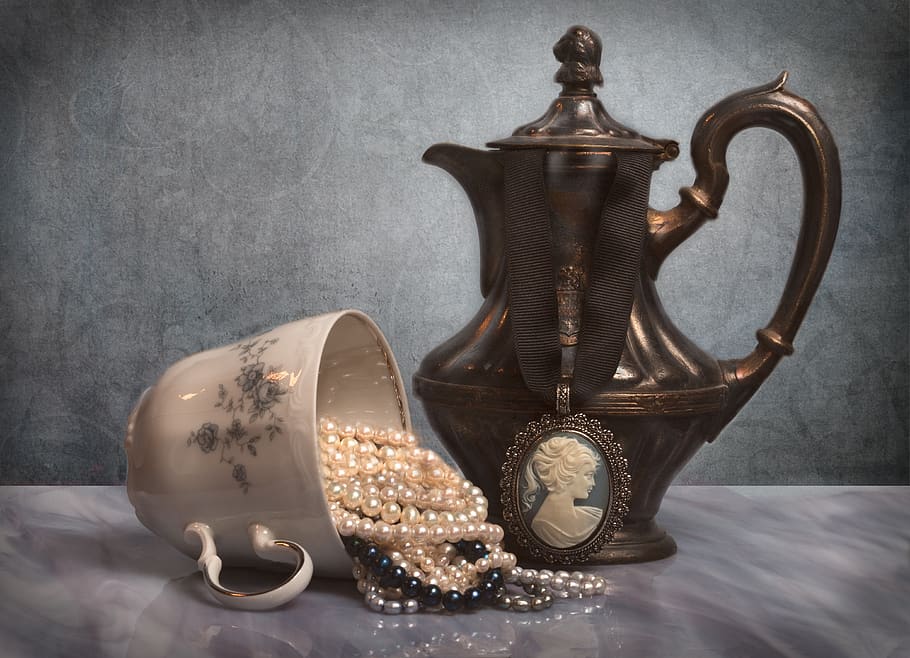 jewelry, coffee pot, coffee cup, pearls, silver, blue, white, cameo, brooch, pendant