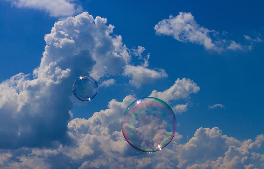 soap bubbles, blue sky, clouds, nature, ease, blow, weightless, flying, float, cloud - sky