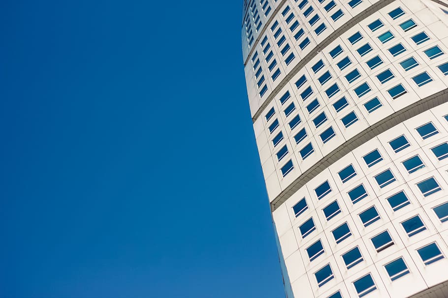 twisted, exterior, turning, torso, malmo, sweden, blue, sky, background, architecture