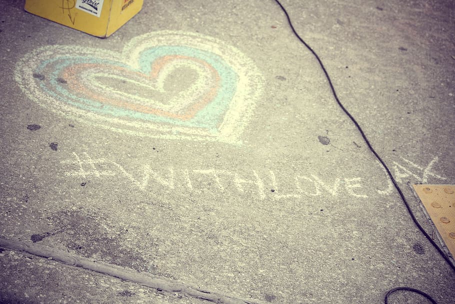 love, chalk, path, concrete, sign, graffiti, street, travel, heart, rainbow