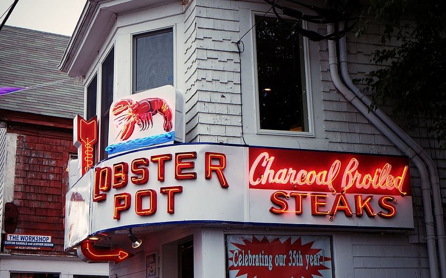lobster, makanan laut, restoran, neon, tanda-tanda, penerangan, makan, steak, eksterior bangunan, arsitektur