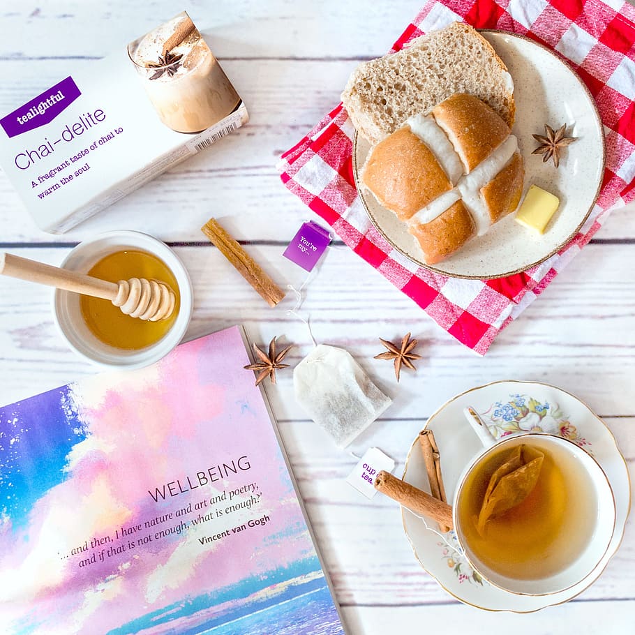 chai, tea, mindfulness, meditation, hot cross bun, picnic, honey, book, white, wood