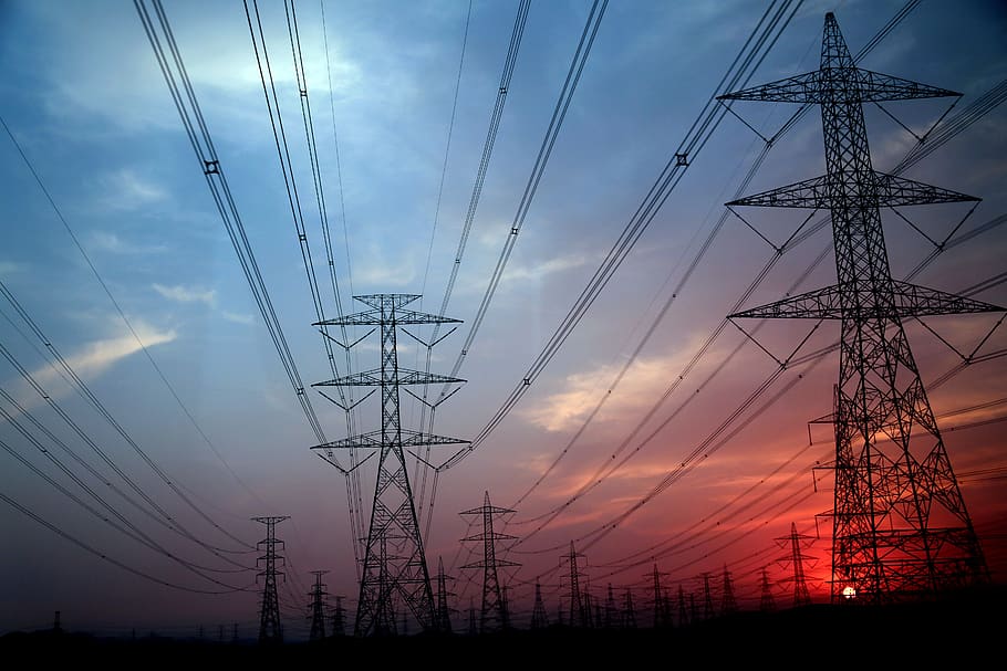 electricity pylon, electrical grid, communications tower, grid, electricity, built structure, dividing line, high voltage sign, sunset, industry