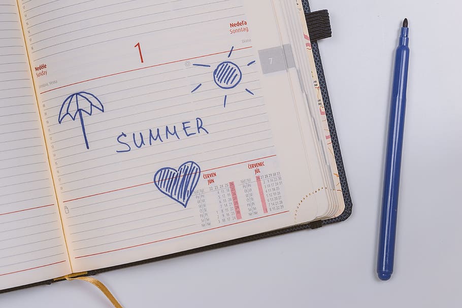 diary, words “ summer ”, “summer”, pen, paper, note pad, pencil, publication, book, high angle view