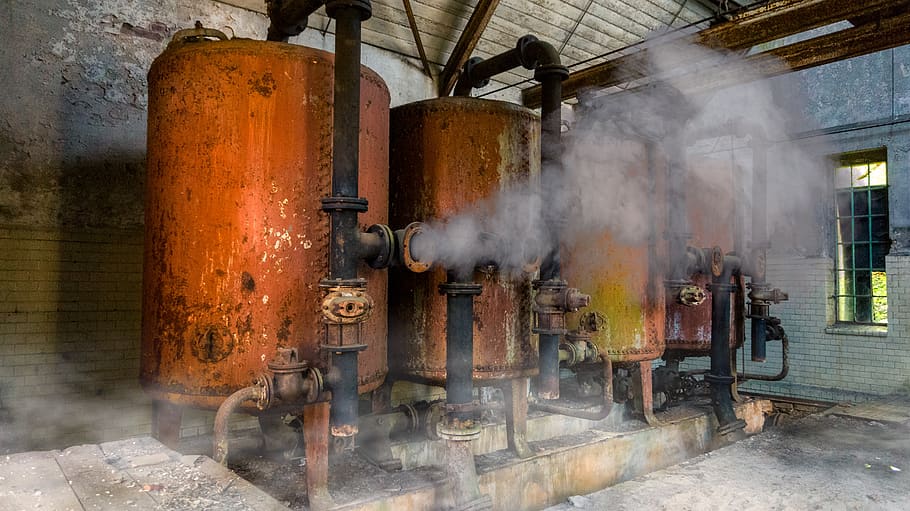 boiler, steam, pipeline, heiss, old, smoke - physical structure, factory, metal, day, industry
