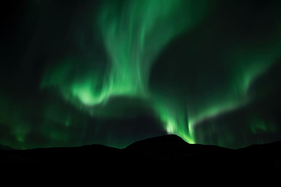 aurora, hijau, ruang, langit, atmosfer, gunung, siluet, warna hijau, keindahan di alam, malam