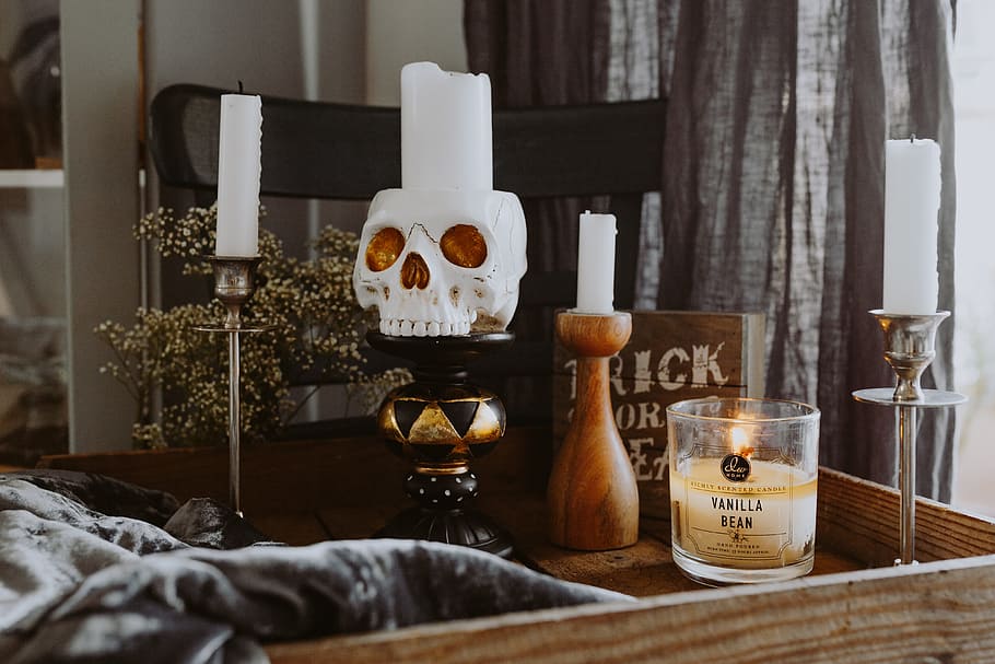 decorações de halloween, velas, outono, crânio, dia das bruxas, outubro, assustador, decorar, dentro de casa, comida e bebida