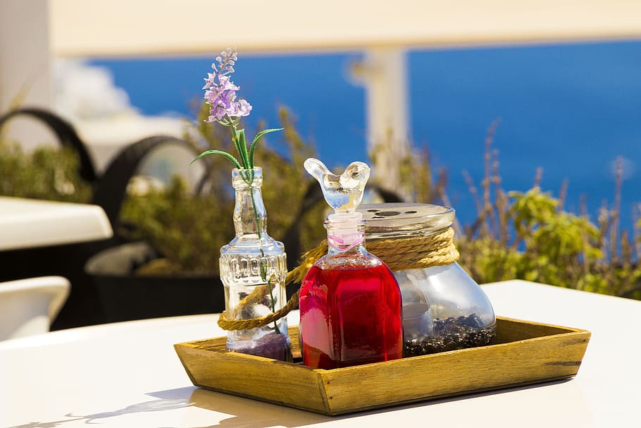 Santorini, Yunani, bersantai, perjalanan, meja, gelas, vas, bunga, restoran, wadah