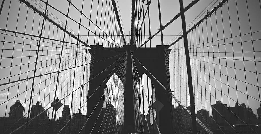 Brooklyn Bridge, architecture, black and white, sky, city, urban, built structure, building exterior, low angle view, transportation