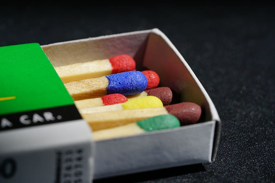 matches, sticks, sulfur, match head, multi colored, close-up, indoors, wood - material, matchstick, still life