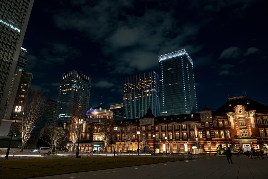 токио, ночная точка зрения, вокзал, япония, ночь, здание, токийский вокзал, свет, Внешний вид здания, архитектура