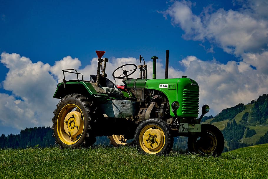 tractor, green, landscape, working machine, tractors, sky, field, transportation, agricultural machinery, land