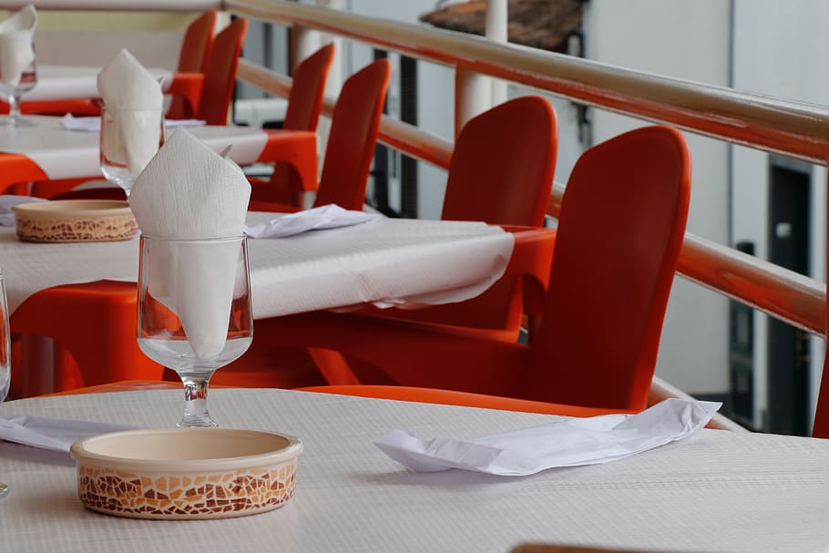 interior, restaurante, branco, laranja, projeto, decoração, cadeiras, mesa, postura, limpo