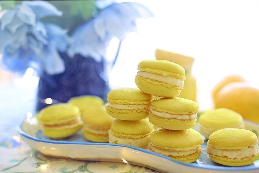 macarons, yellow, lemon, treat, sweets, cookies, biscuits, french, pastry, food