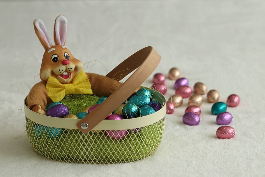 easter, easter decoration, eggs, easter bunny, haas, colorful, decoration, basket, chocolate, paasmand