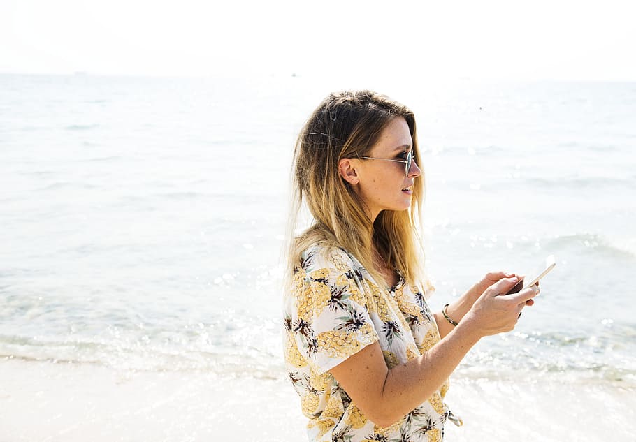 girl, beach, using, mobile, phone, blue, ocean, seashore, activity, device