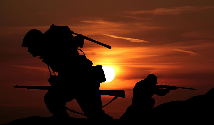 siluetas, soldados, puesta de sol, campo de batalla, guerra, soldado, ejército, francotirador, armado, equipo