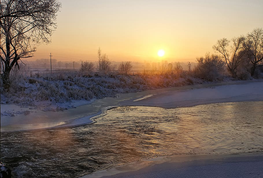 river, winter, sunset, frost, landscape, nature, snow, ice, cold, water