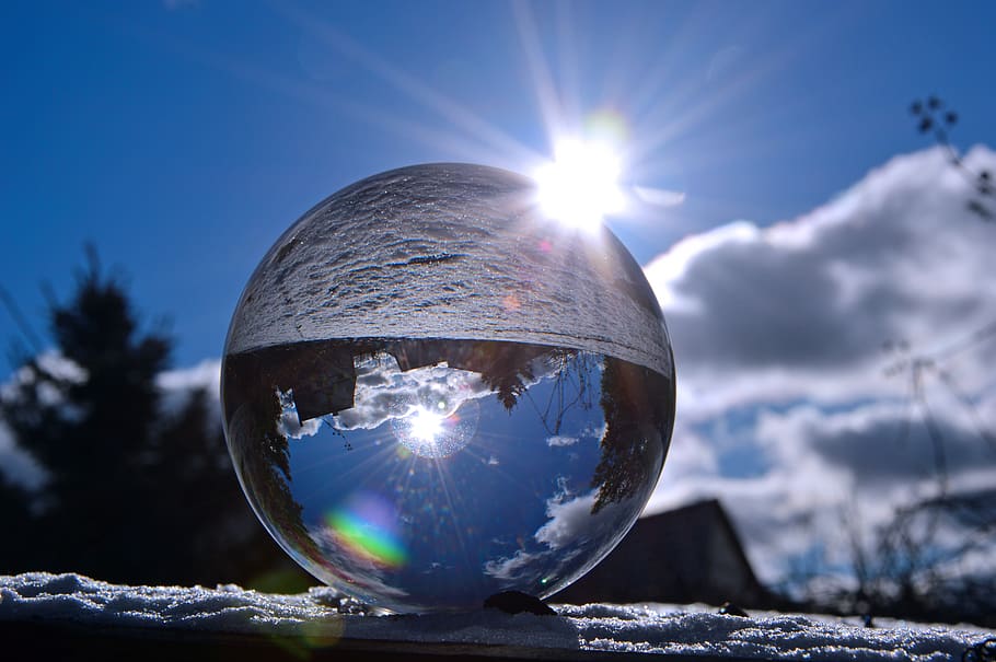 glass ball, ball, sun, light, sky, lighting, sunbeam, mood, winter, landscape