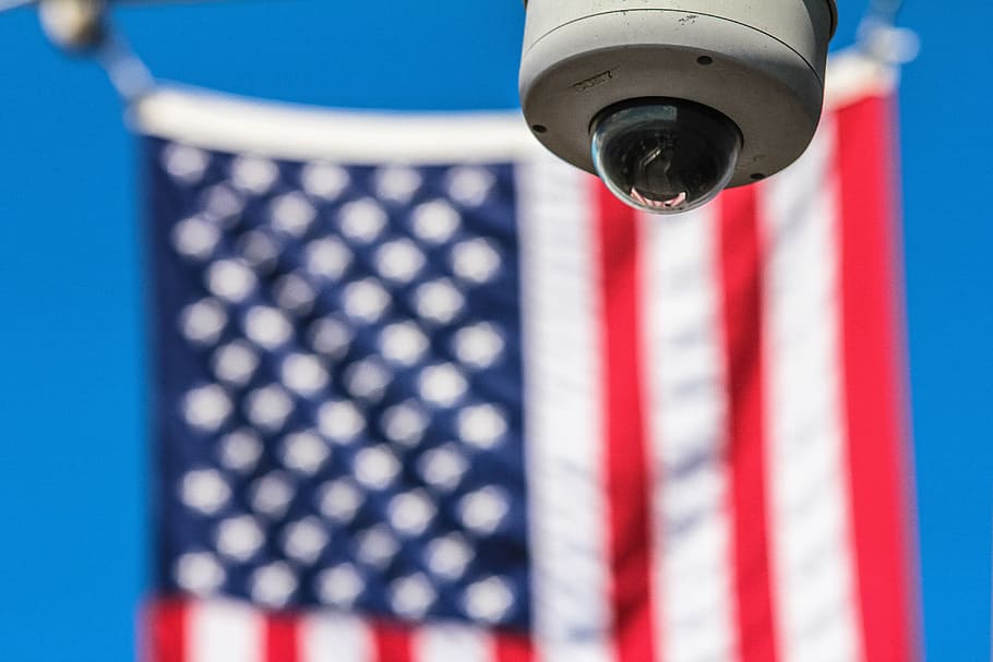 usa, flag, blur, cctv, camera, security, blue, focus on foreground, low angle view, day