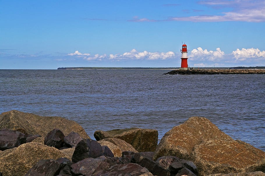 warnemünde, baltic sea, lighthouse, tower, seaside resort, beach, sea, coast, northern germany, empty