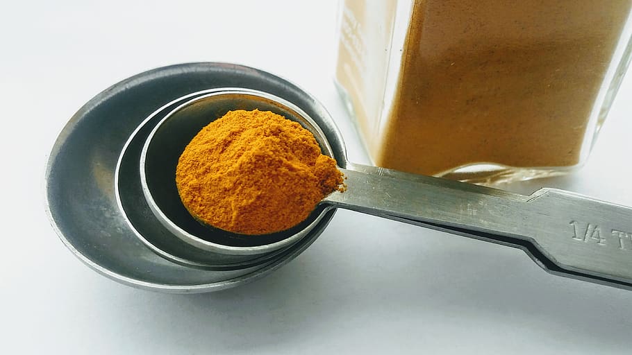 turmeric, spices, spoon, measure, jar, kitchen, cook, recipe, health, natural