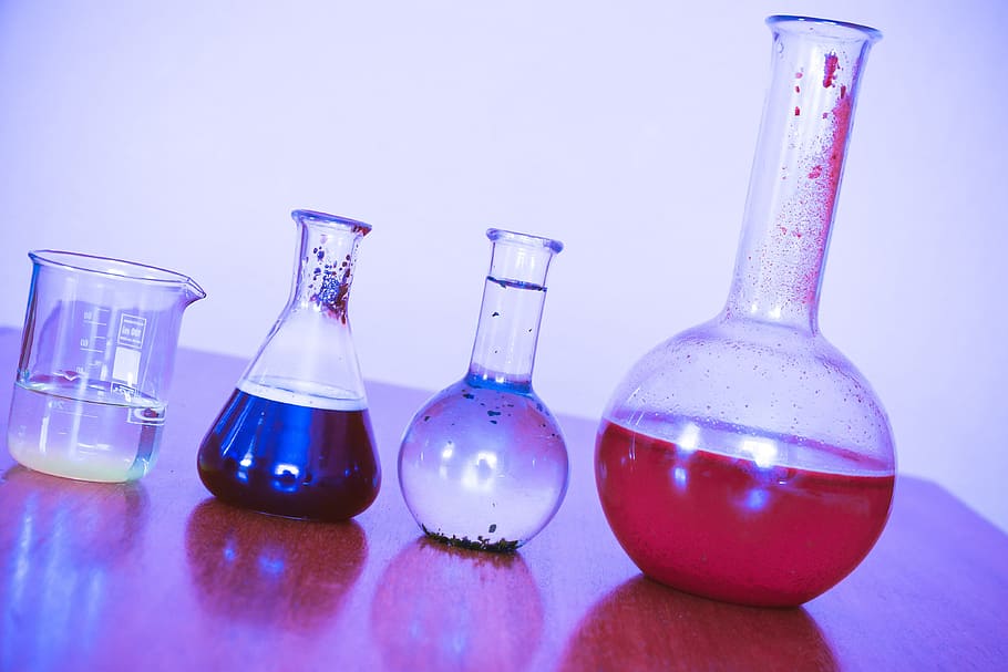 science experiment, various, biology, science, research, indoors, blue, laboratory, flask, chemistry