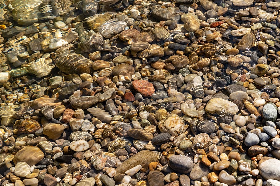 stones, bach, water, nature, bank, edge, transition, color, rock, large group of objects