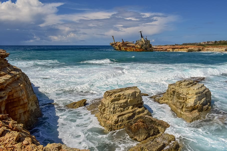 rocky coast, sea, shipwreck, nature, landscape, scenery, rock, cliff, waves, horizon