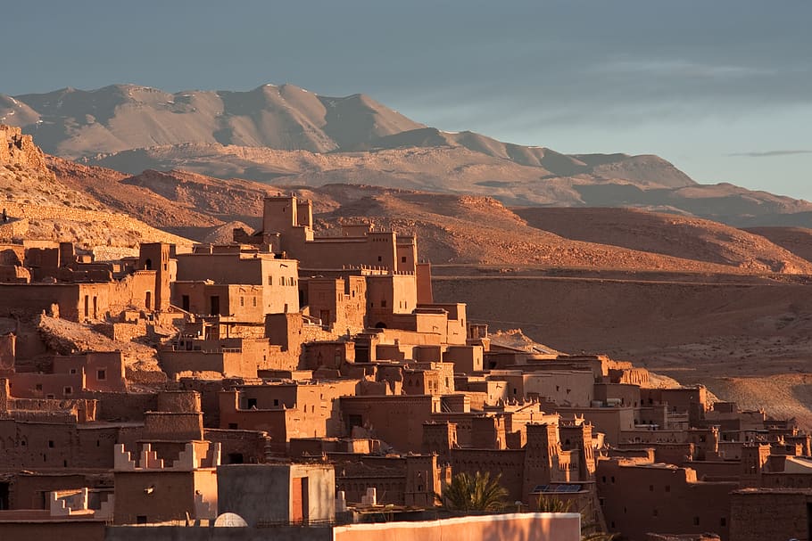morocco, africa, village, mountains, house, pise, red, brown, yellow, dawn