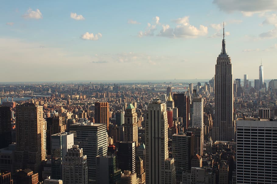new york, amerika serikat, langit, arsitektur, kota, perjalanan, langit biru, awan, gedung pencakar langit, bangunan