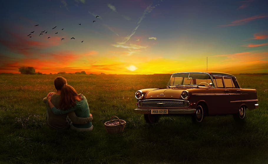 sunset, nature, design, sky, poster, fantasy, women, girl, field, car