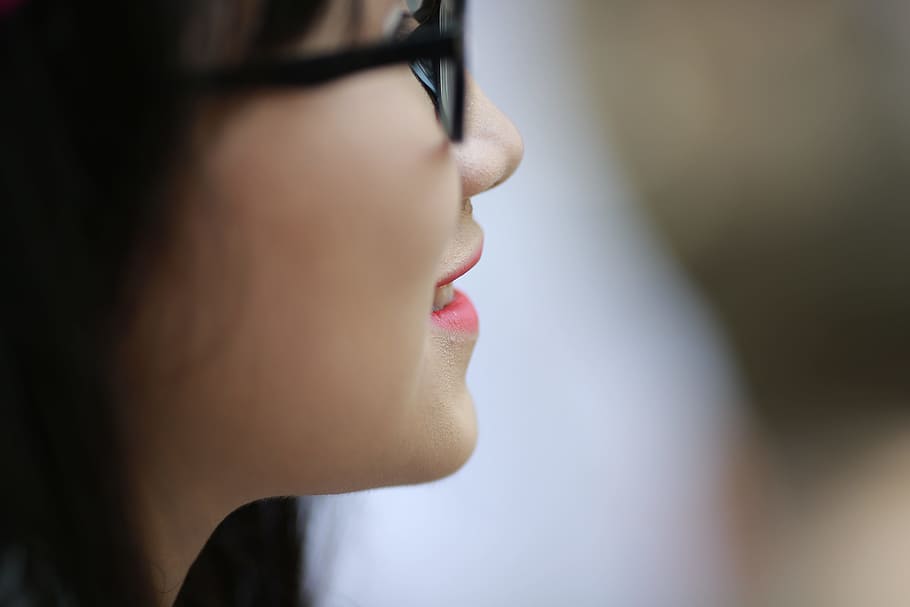girl, woman, people, smile, smiling, happy, eyeglasses, face, human body part, side view
