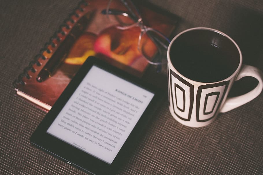 kindle, e-reader, technology, reading, book, objects, coffee, cup, mug, notebook