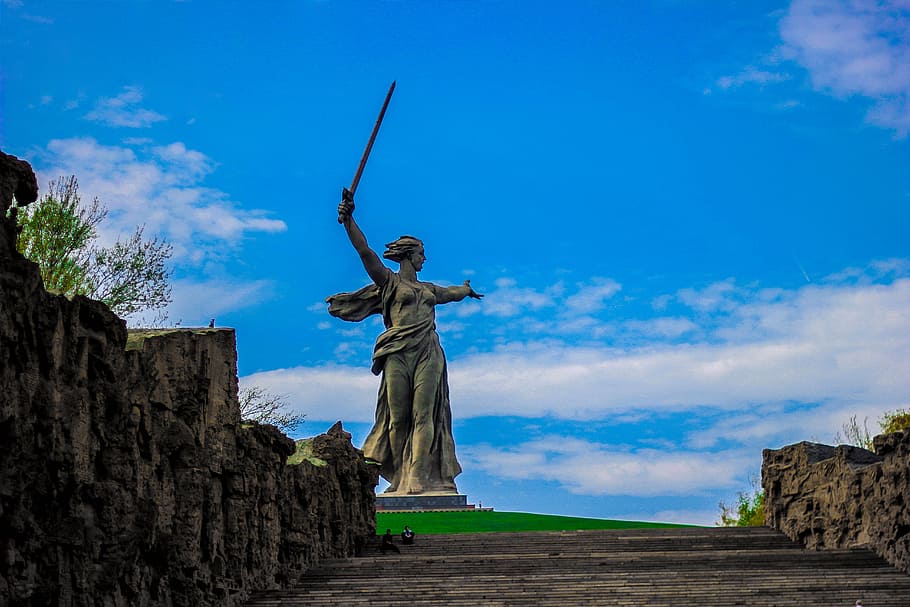 art, statue, sculpture, monument, mamayev kurgan, russia, landmark, rocks, landscape, view