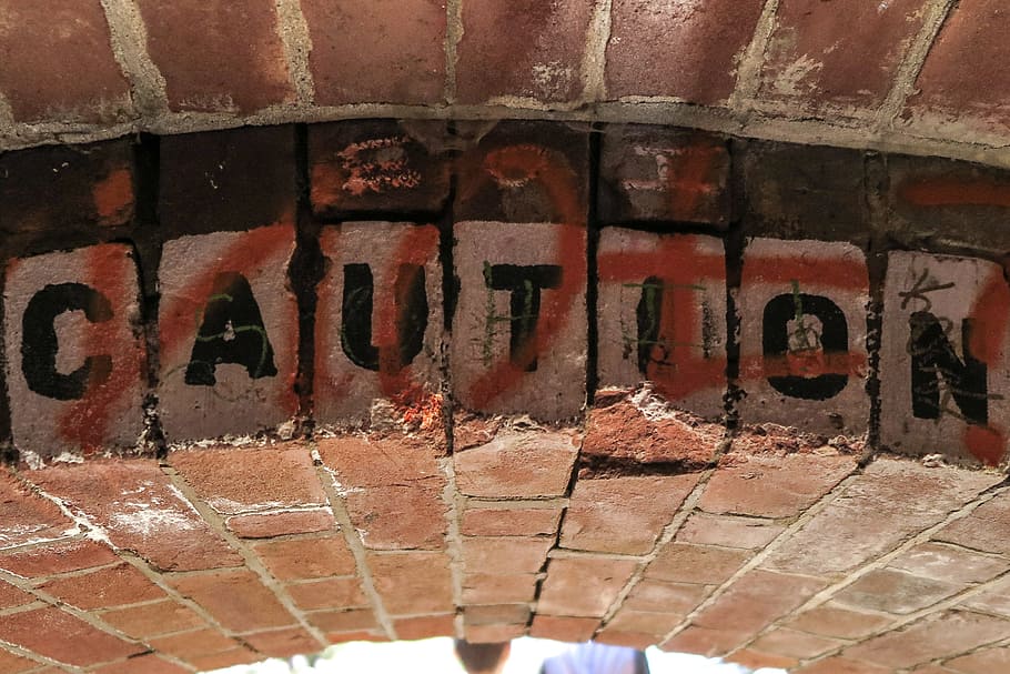 low, brick archway, says, caution, arch, danger, graffiti, brick, bricks, city