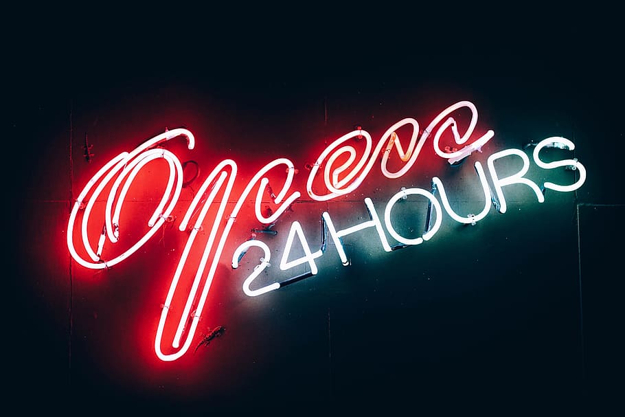 open, 24 hours sign, neon, text, communication, night, red, illuminated, lighting equipment, western script