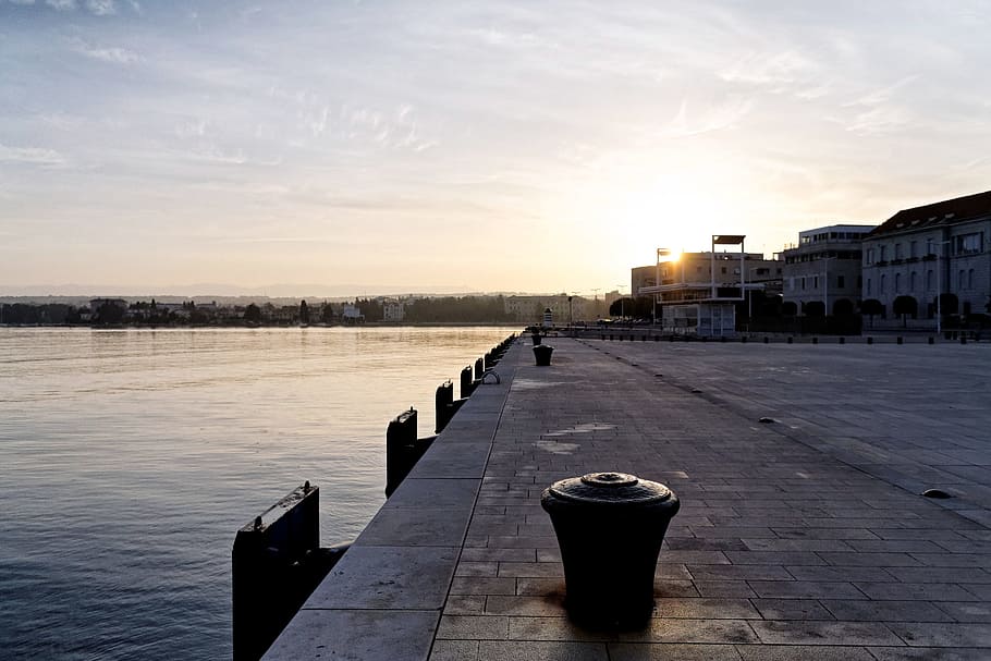 dawn, waterfront, sea, sunrise, mediterranean, dock, boardwalk, coast, shore, sky