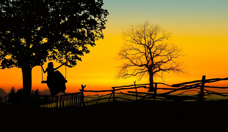 Ilustración de la foto, niña, mirando, puesta de sol, columpio de árbol, árbol, columpio, dama, mujer, relajante