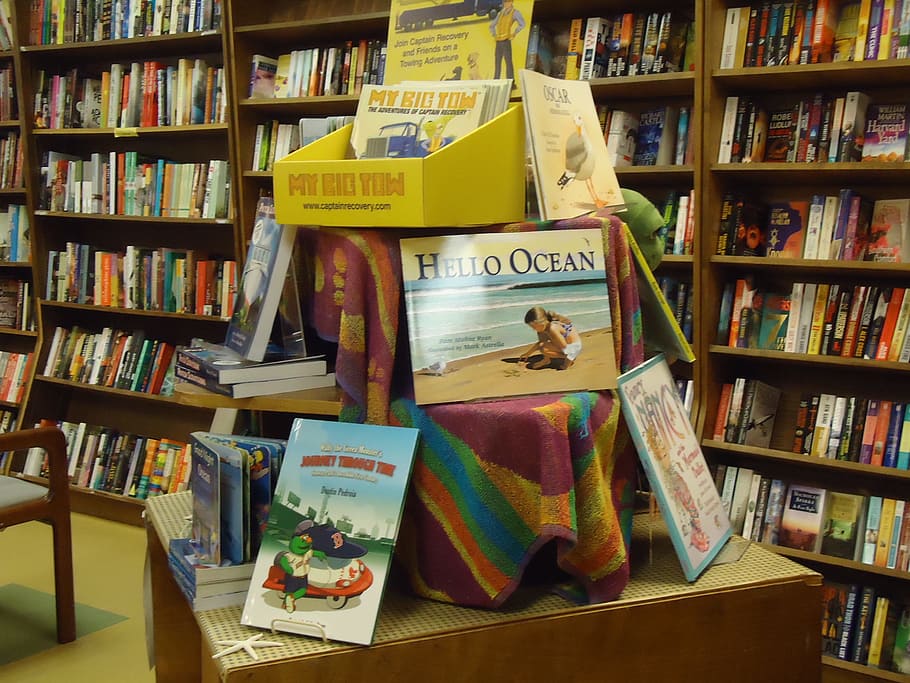books, kids, children, display, bookstore, shop, sale, table, shelves, shelf