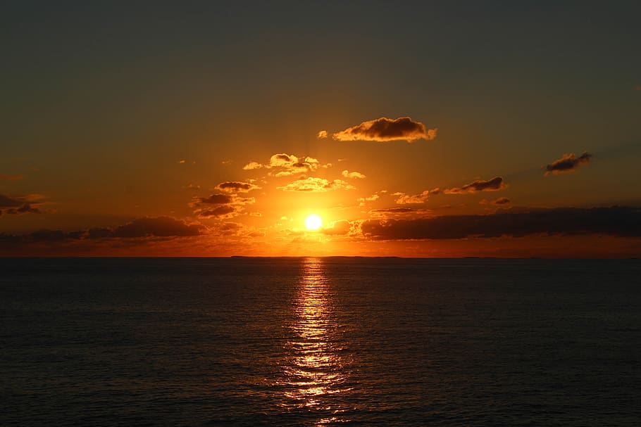 sunrise, ocean, morning, sea, sun, reflection, sunbeams, sky, horizon, water