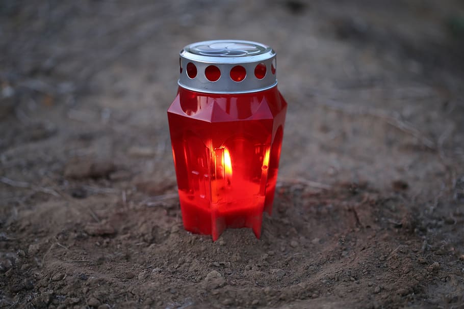 lamp, light, red, evening, candle, illuminated, soil, earth, decoration, remembering