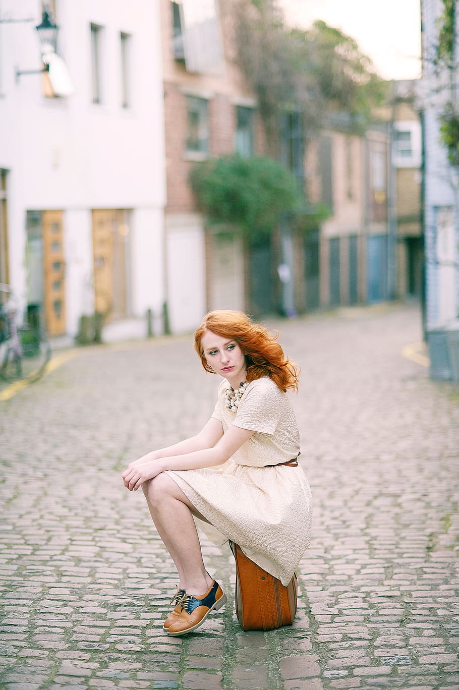 fashion, model, sitting, suitcase, street, cobbles, red haor, girl, female, attractive