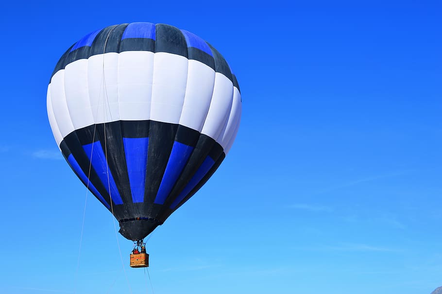 hot air balloon, flight, sky, air, blue, balloon, transportation, low angle view, clear sky, nature
