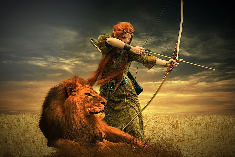 leão, guerreiro, mulher, heroína, fantasia, flecha, tiro com arco, céu, natureza, nuvem - céu