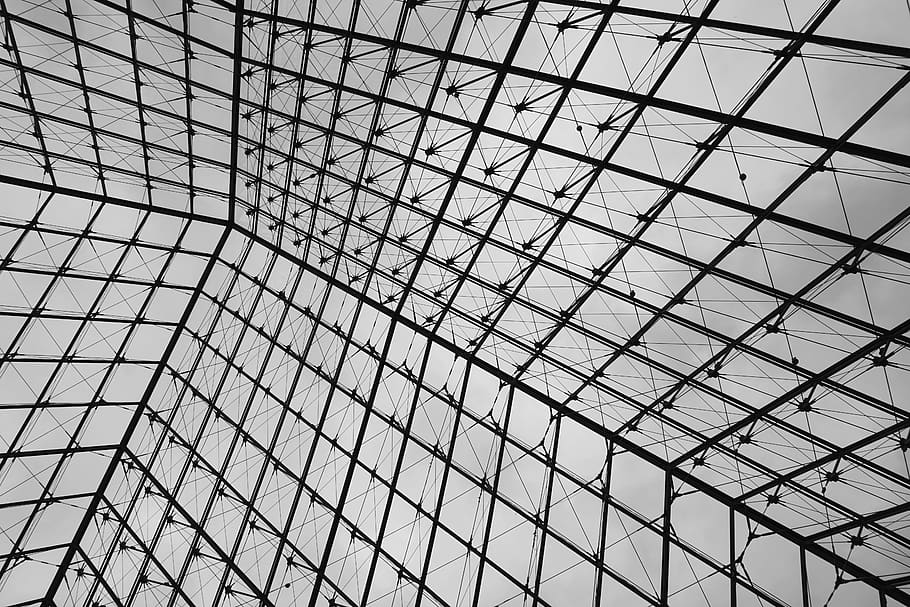paris, france, the louvre, pyramid, architecture, black and white, glass, geometric, pattern, built structure