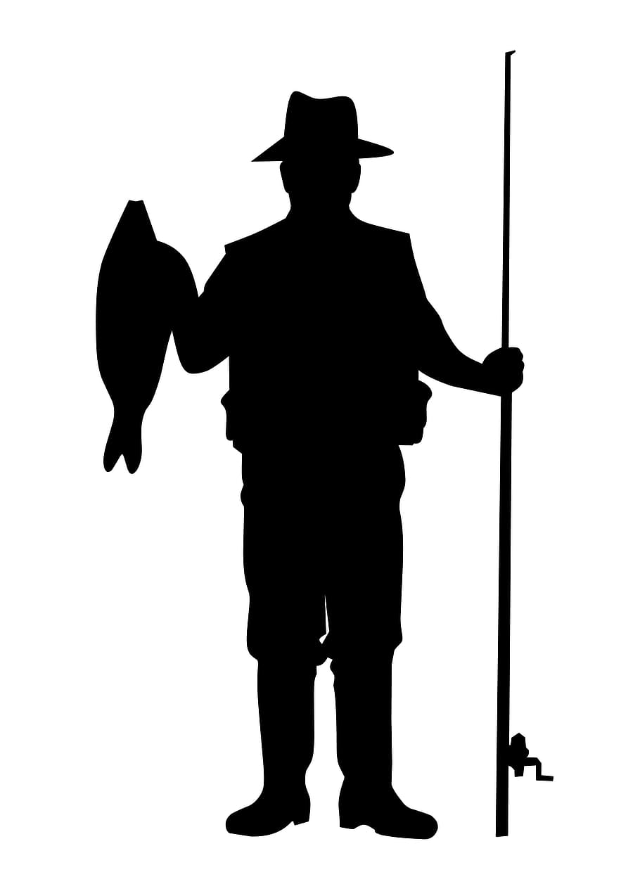 preto, silhueta, branco, fundo, pescador, exploração, peixe., pesca, peixe, esporte