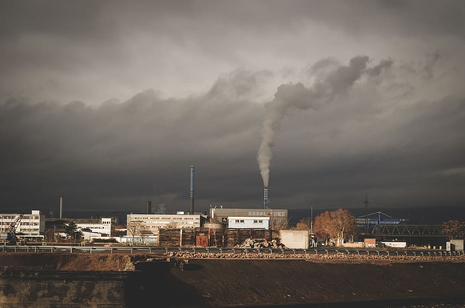 architecture, building, infrastructure, chimney, smoke, plant, clouds, sky, building exterior, built structure