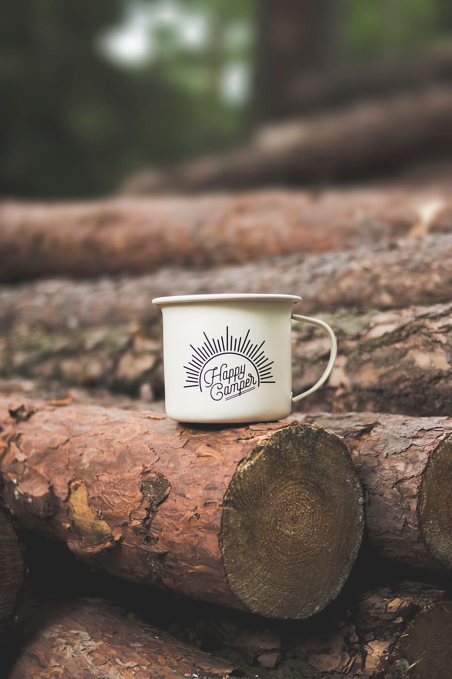 happy, camper, mug, cup, drink, wood, forest, log, metal, steel